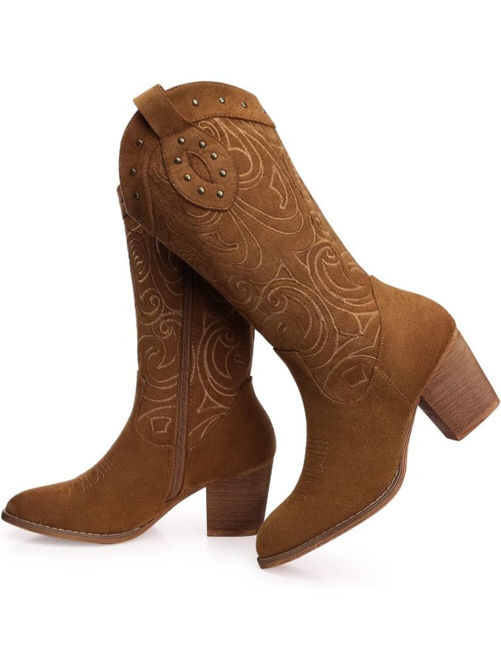 Women's Camel Wide Calf Western Pointed Toe Chunky Heel Suede Embroidered